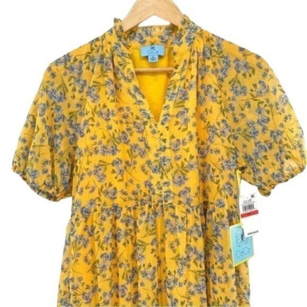 CeCe Yellow Flowy Floral Print Babydoll Dress - Picture 5 of 14